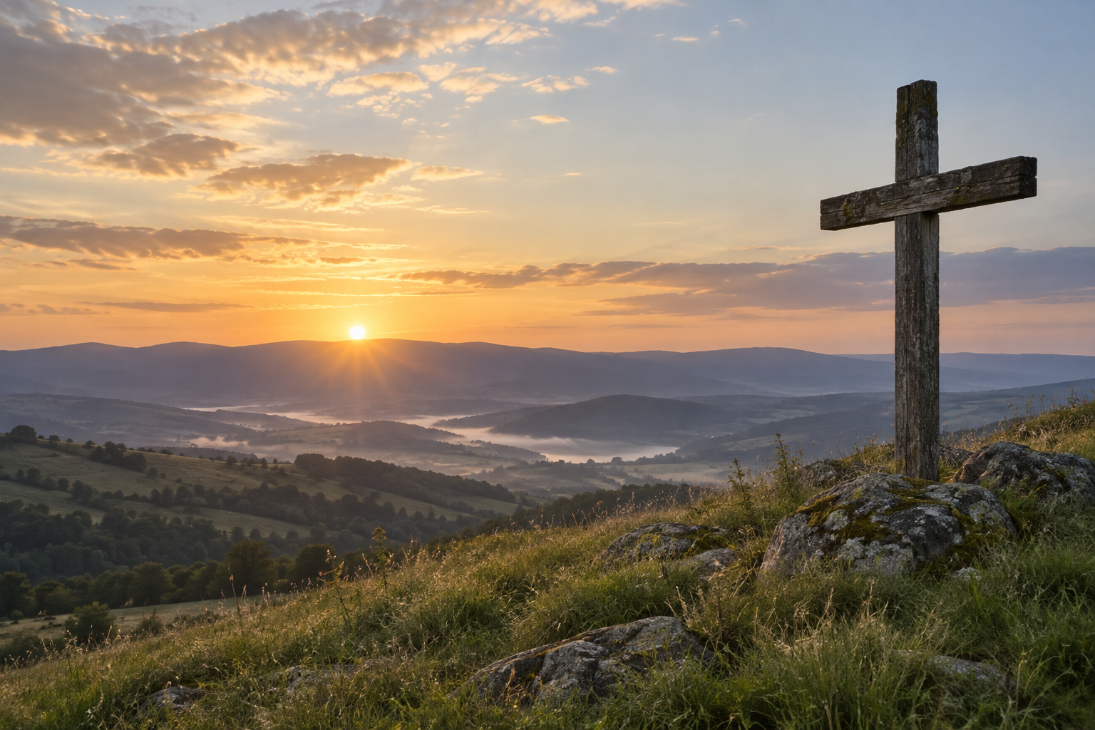 A wooden cross overlooking quiet hills at sunrise