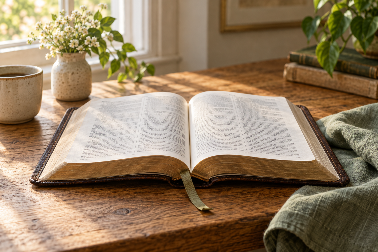An open Bible with a ribbon bookmark on a wooden table in soft morning light
