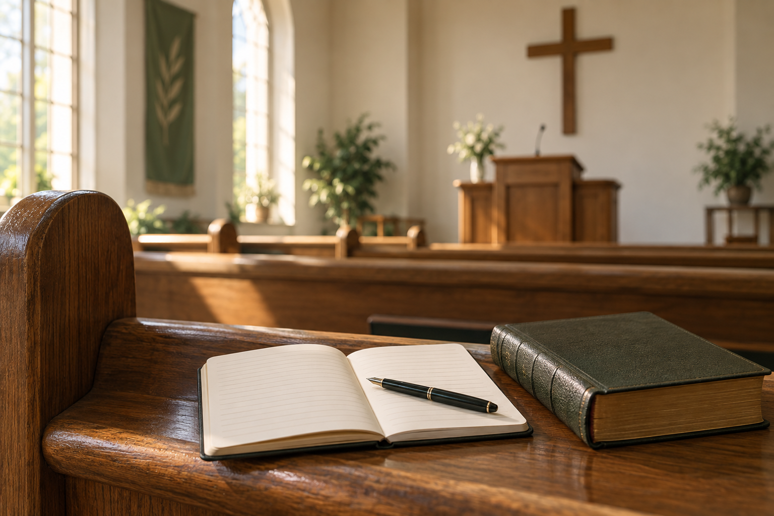 A notebook, pen, and Bible on a church pew with a pulpit and cross in the background